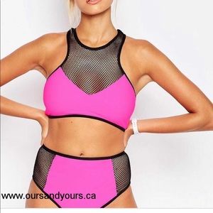 ASOS Jaded London Hot Pink and Black Mesh High Neck Bikini Set